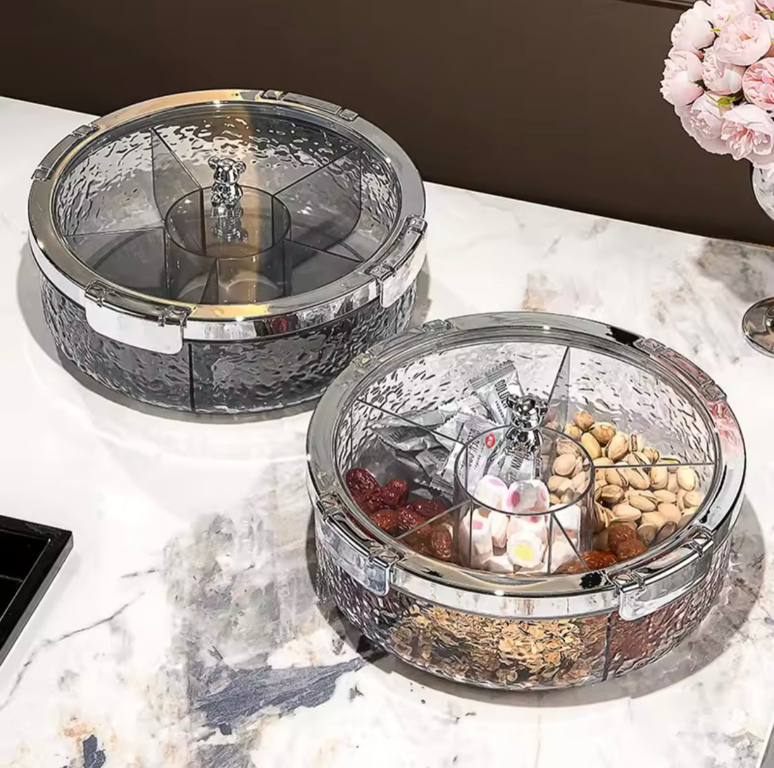 Luxury Sealed Snack Tray With Cover, Five Grid Multi Compartment Dry Fruit Tray, Round Snack Box With Lid, Rotating Serving Tray Luxury Sealed Snack Tray With Cover, Five Grid Multi Compartment Dry Fruit Tray, Round Snack Box With Lid, Rotating Serving Tray